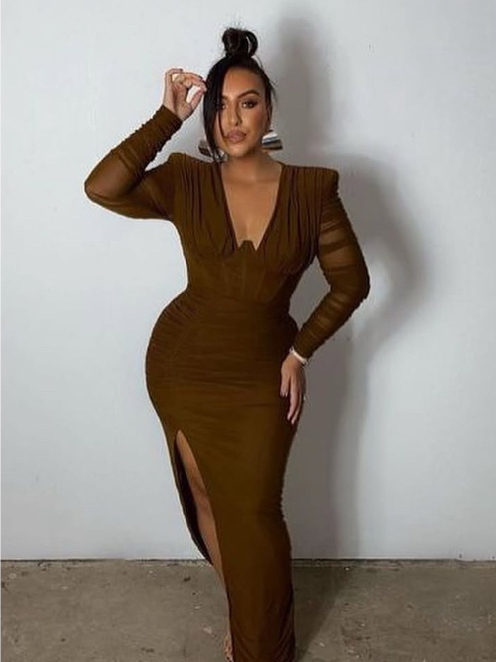 PrettyLittleThing Brown Long Sleeve Maxi Dress with Front Slit